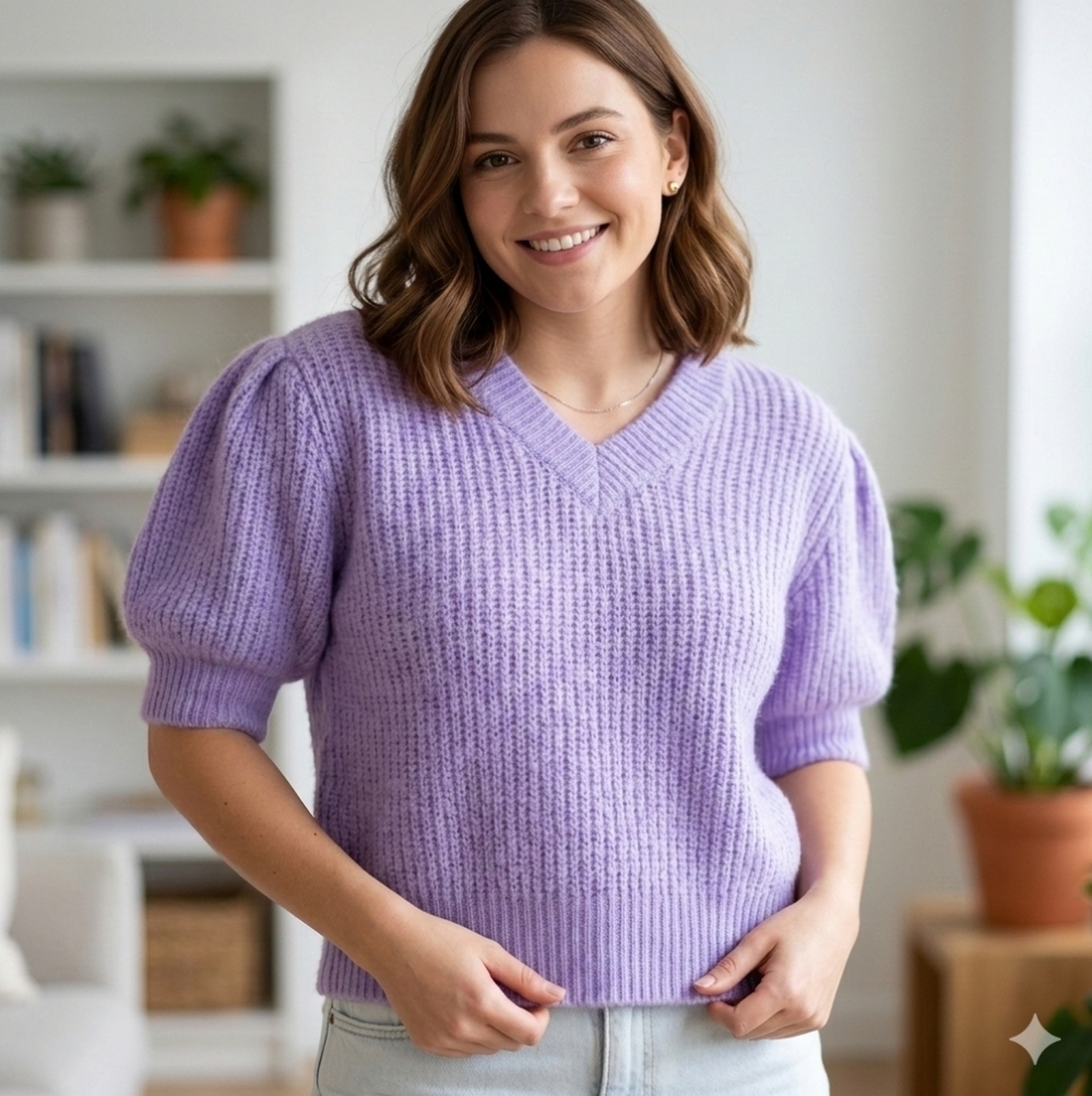 Opullence Paris Lavender Mohair Blend Puff Sleeve V-Neck Sweater, Size medium